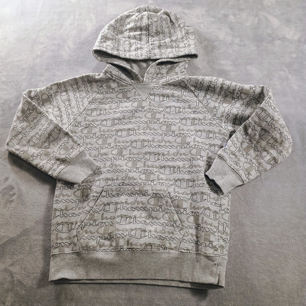 Champion Hoodie Kids Large Gray Allover Logo Fleece Pullover Kangaroo Pocket